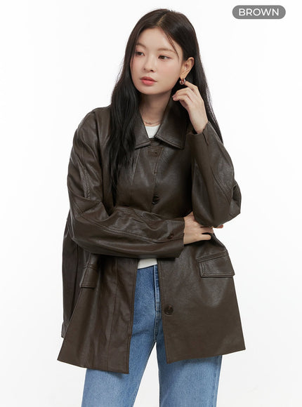 midi-length-faux-leather-buttoned-jacket-os423 / Brown