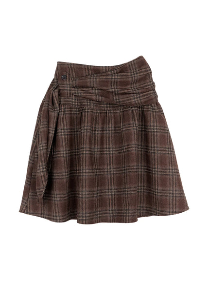 plaid-tie-wrap-midi-skirt-cn517 / Brown