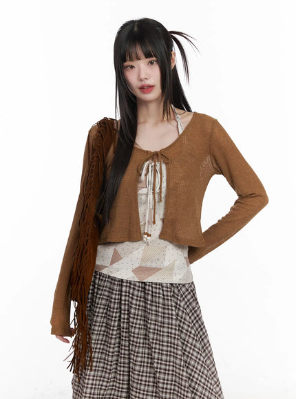 patch-print-halter-tank-and-cardigan-set-cm524 / Brown