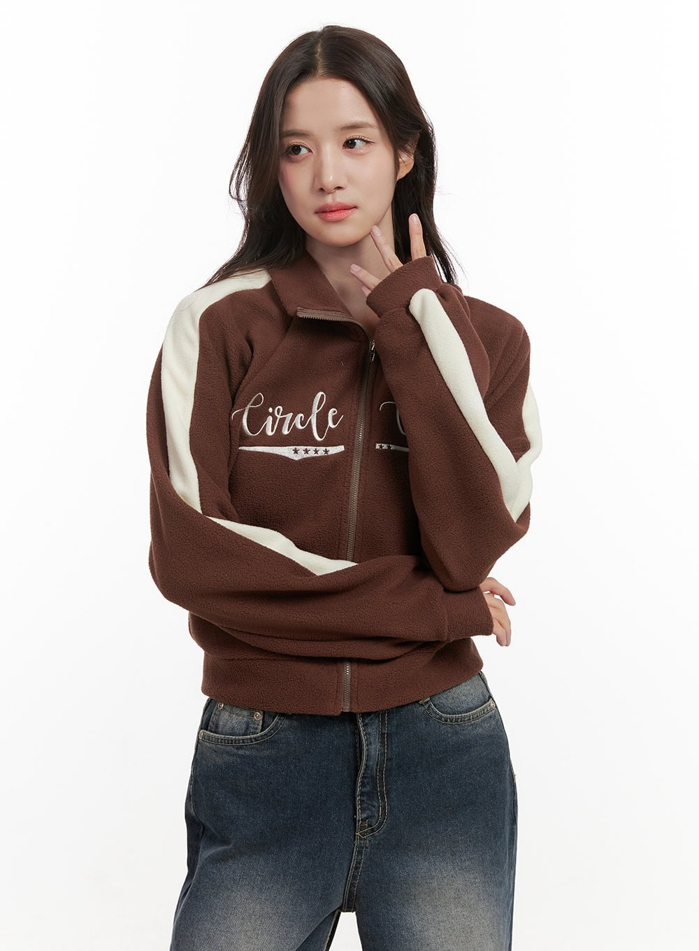 fleece-lettering-zip-up-sweatshirt-on429 / Brown