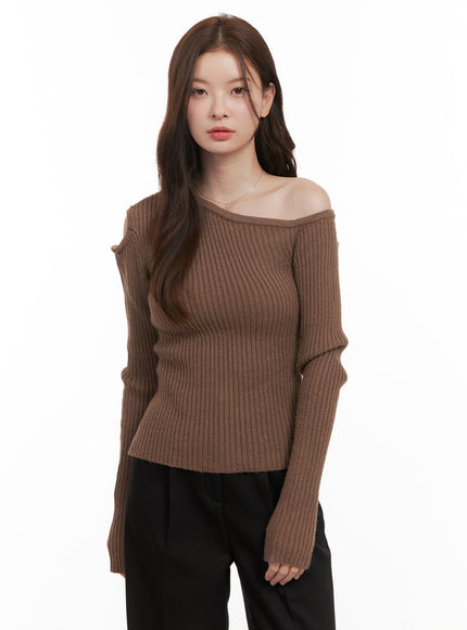 unbalanced-cut-out-one-shoulder-sweater-od403 / Brown