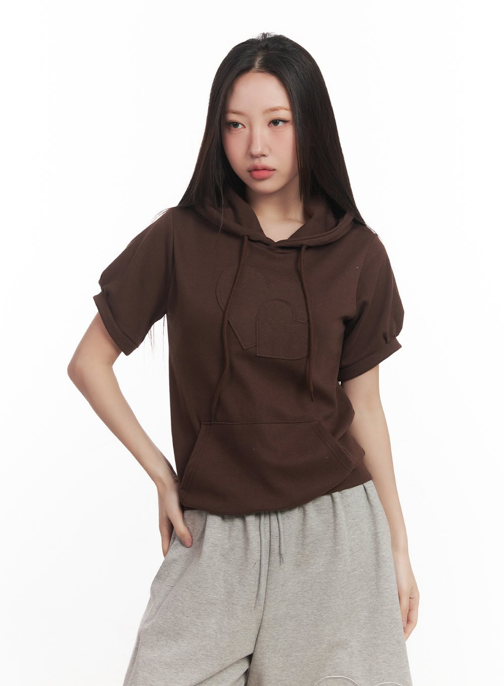 Heart Patched Puff Short-Sleeve Hoodie CM528
