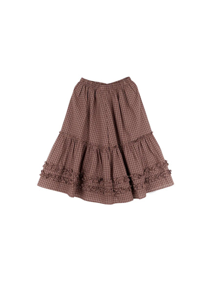 gingham-ruffle-layered-midi-skirt-cs517 / Brown
