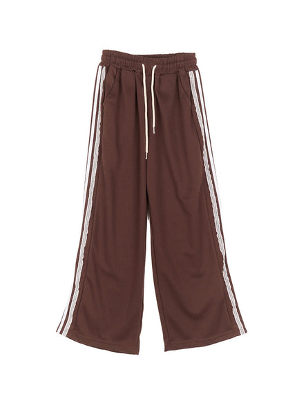 lace-trim-striped-sweatpants-cm504 / Brown