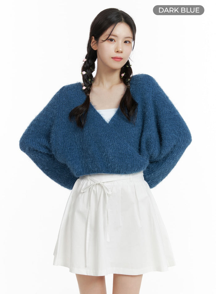 cozy-wrap-v-neck-crop-sweater-om419 / Dark blue