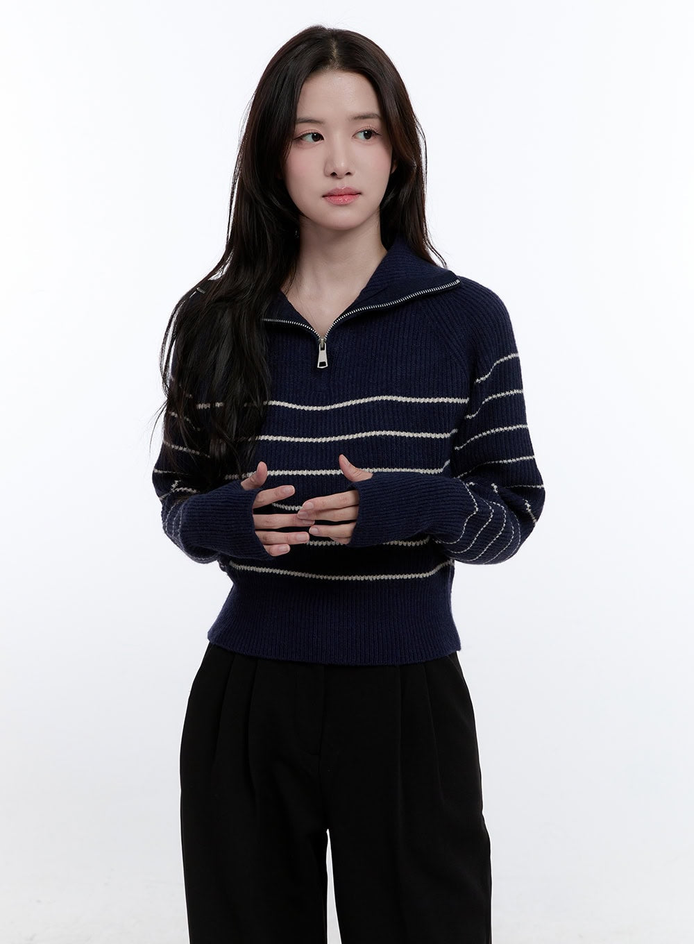 striped-half-zip-sweater-on418 / Dark blue