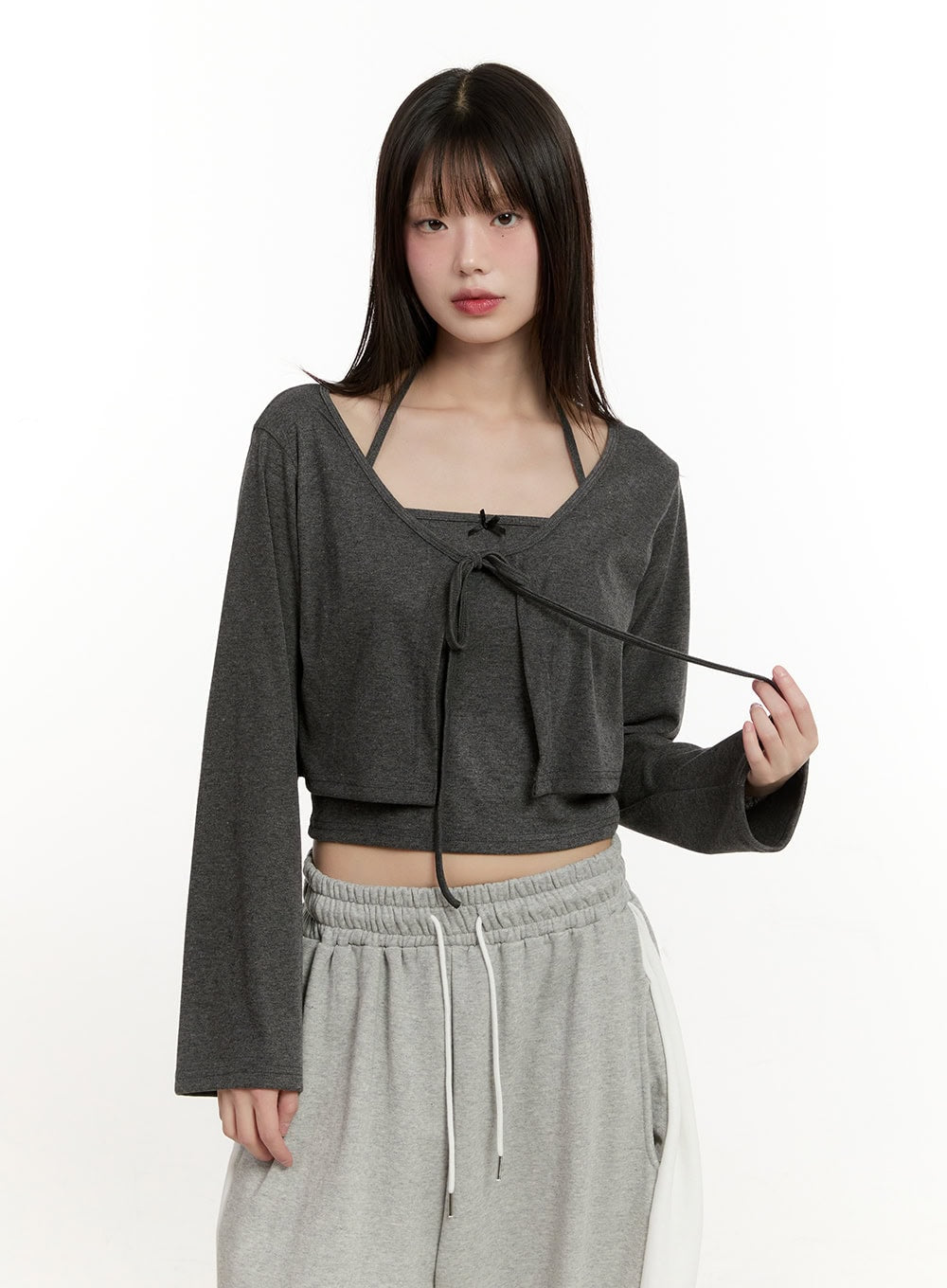 halter-top-ribbon-tie-cardigan-set-cm514 / Dark gray
