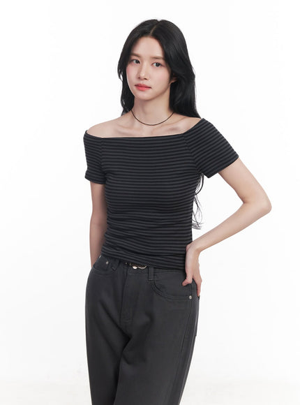 stripe-off-shoulder-top-cy526 / Dark gray