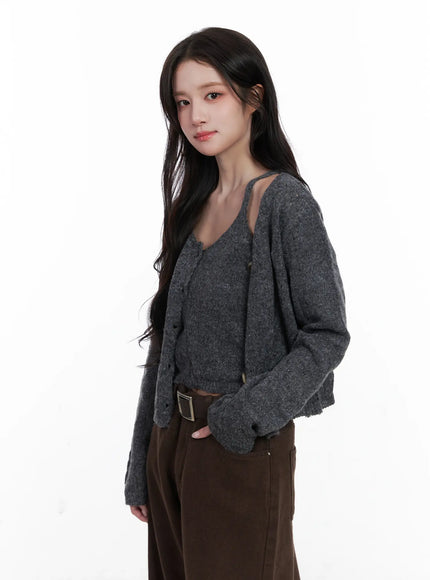 fuzzy-knit-tank-cardigan-set-cn526 / Dark gray