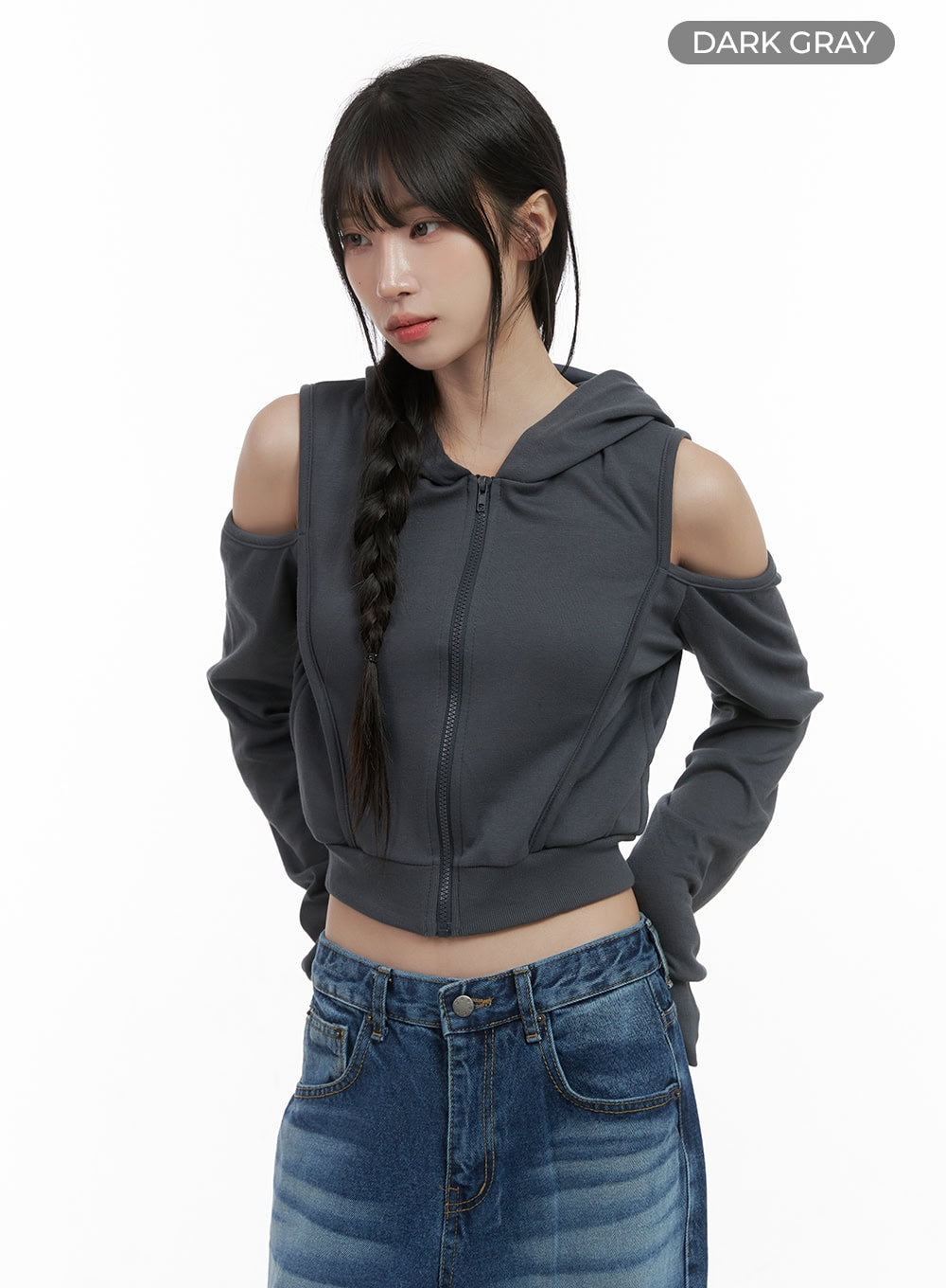 zip-up-cut-out-crop-hoodie-cs419 / Dark gray