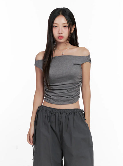 off-shoulder-draped-short-sleeve-top-cl518 / Dark gray