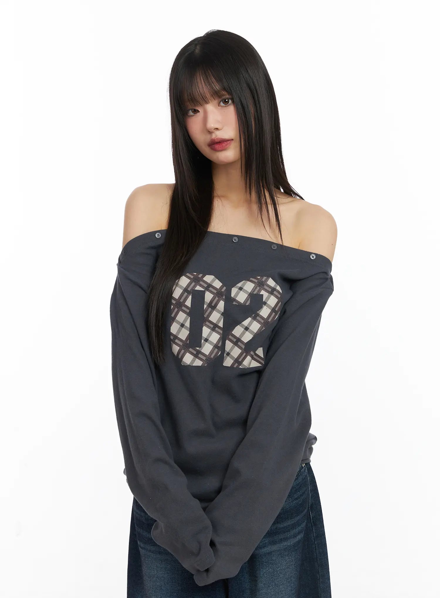 asymmetric-checkered-fleece-long-sleeve-top-cd522 / Dark gray