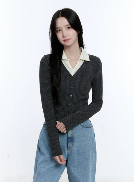 two-tone-collared-knit-cardigan-cg514 / Dark gray
