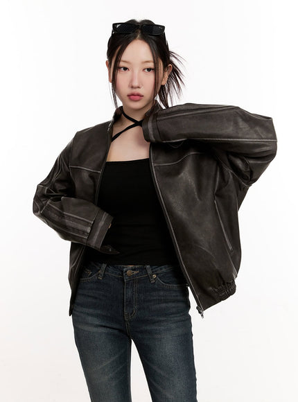 unisex-oversized-faux-leather-jacket-cm507 / Dark gray