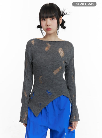 destroyed-unbalanced-edge-knit-top-om426 / Dark gray