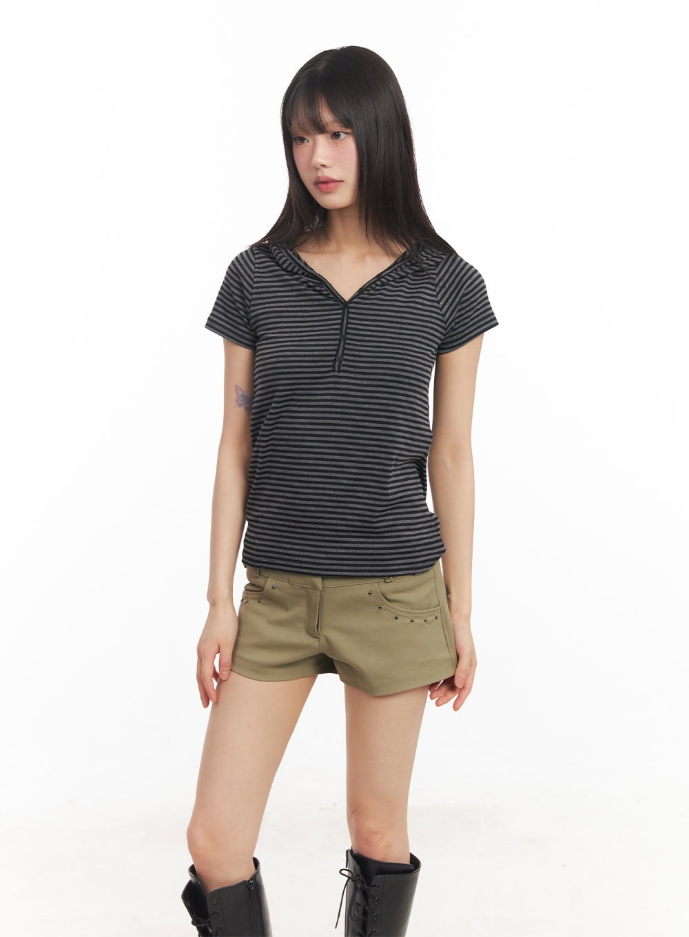 buttoned-striped-hooded-t-shirt-ca523 / Dark gray