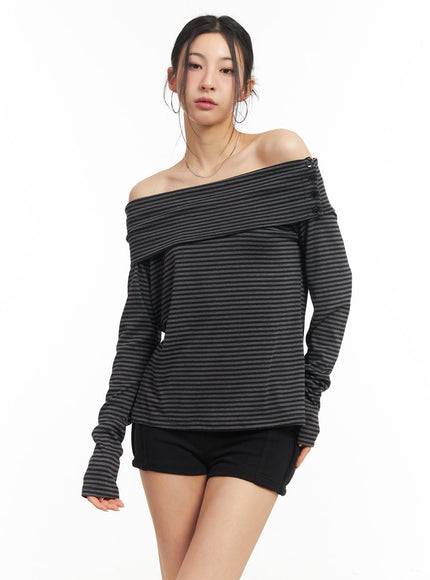 striped-long-sleeve-off-shoulder-top-cm503 / Dark gray