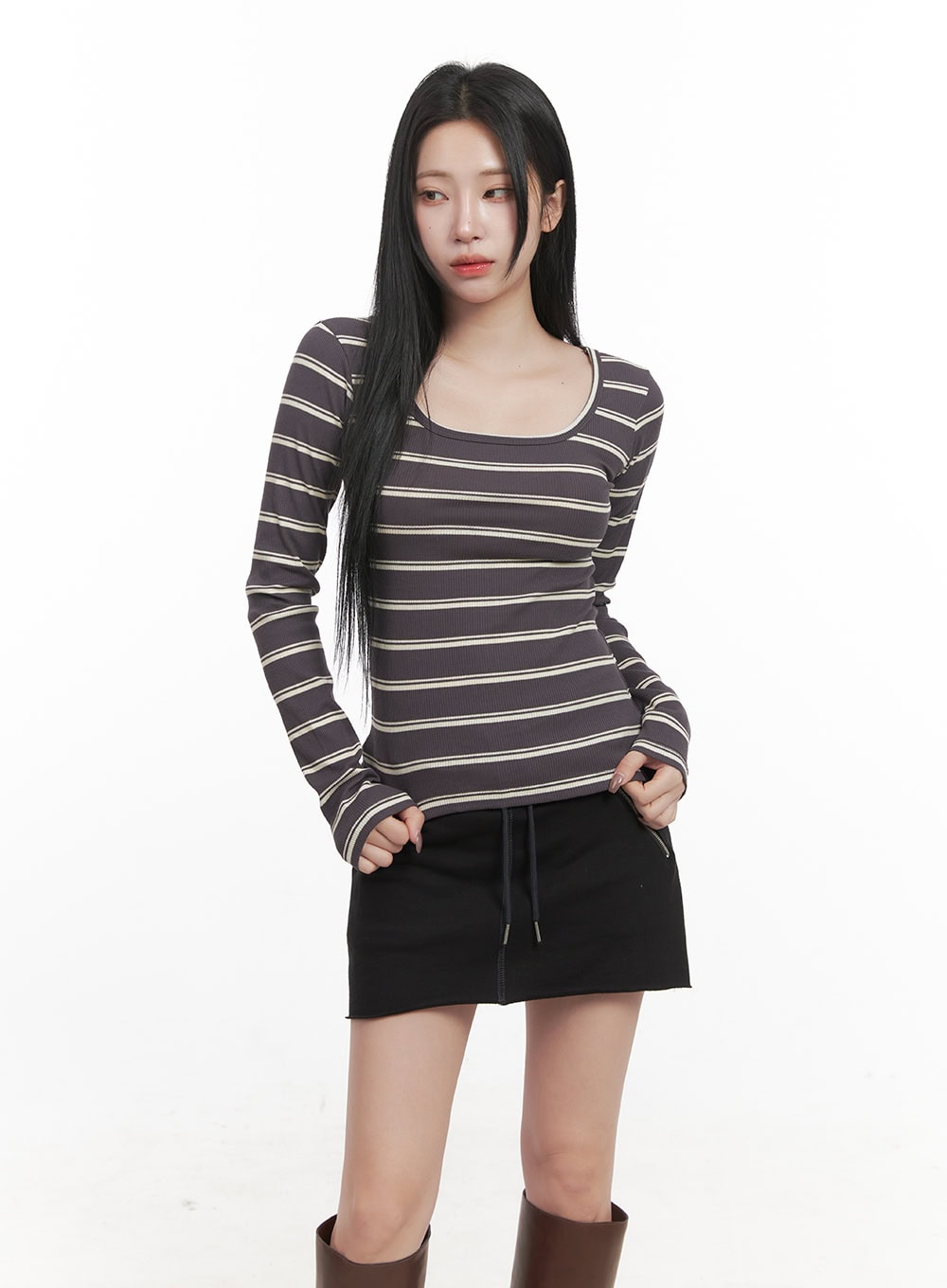 striped-slim-fit-long-sleeve-top-cj517 / Dark gray