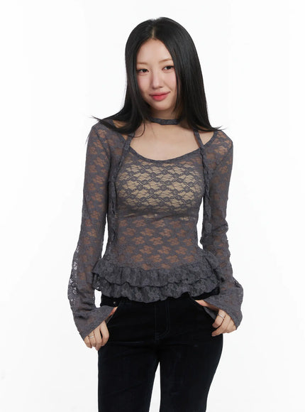 ruffle-lace-long-sleeve-top-scarf-set-cd529 / Dark gray