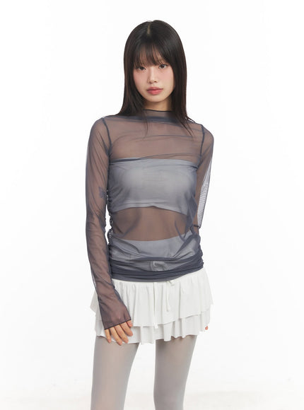 Sheer Shirred Long-Sleeve Top CA522