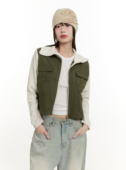 high-neck-pocket-zip-up-jacket-cm513 / Dark green