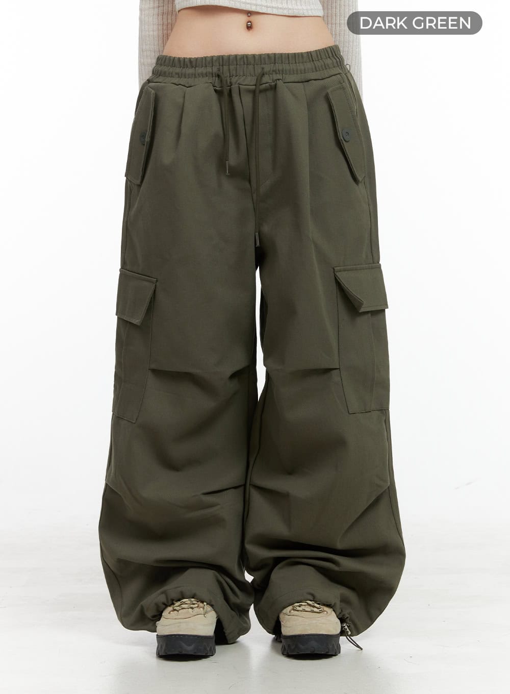 cargo-chic-banded-wide-fit-pants-cg420 / Dark green