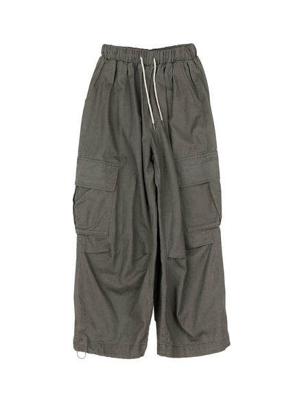 banded-wide-leg-cargo-pants-co520 / Dark green
