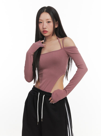 halter-string-cut-out-bodysuit-top-cf525 / Dark pink