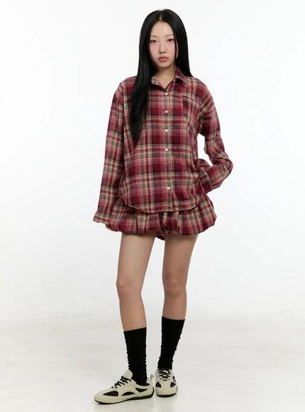 oversized-plaid-check-long-sleeve-shirt-cn505 / Dark red