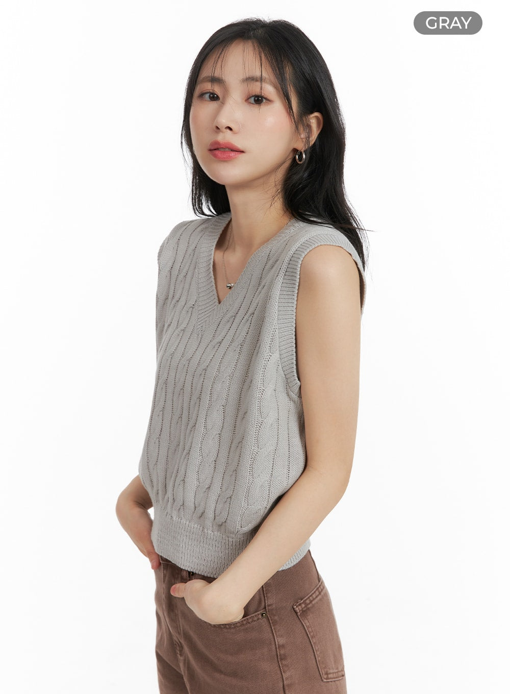 cable-knit-sweater-vest-om408 / Gray