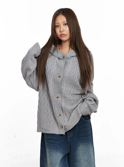 oversized-cable-knit-button-up-hoodie-co510 / Gray