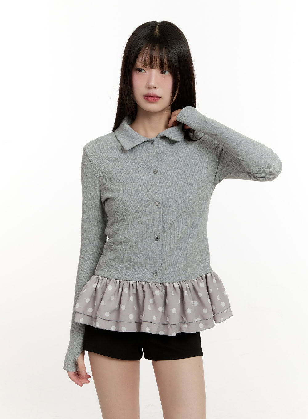 polka-dot-frill-long-sleeve-cardigan-cm514 / Gray