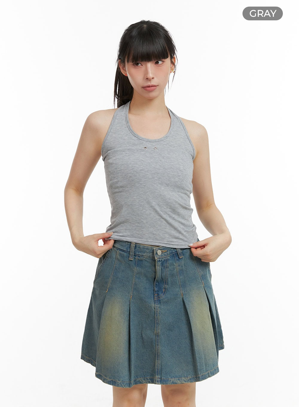 stud-halter-neck-crop-top-cl422 / Gray