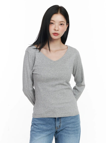 basic-v-neck-long-sleeve-tee-cj519 / Gray