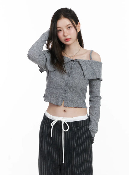ribbed-off-shoulder-crop-cardigan-cj506 / Gray