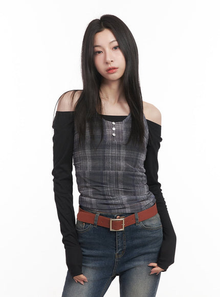 plaid-sheer-halter-top-cm517 / Gray