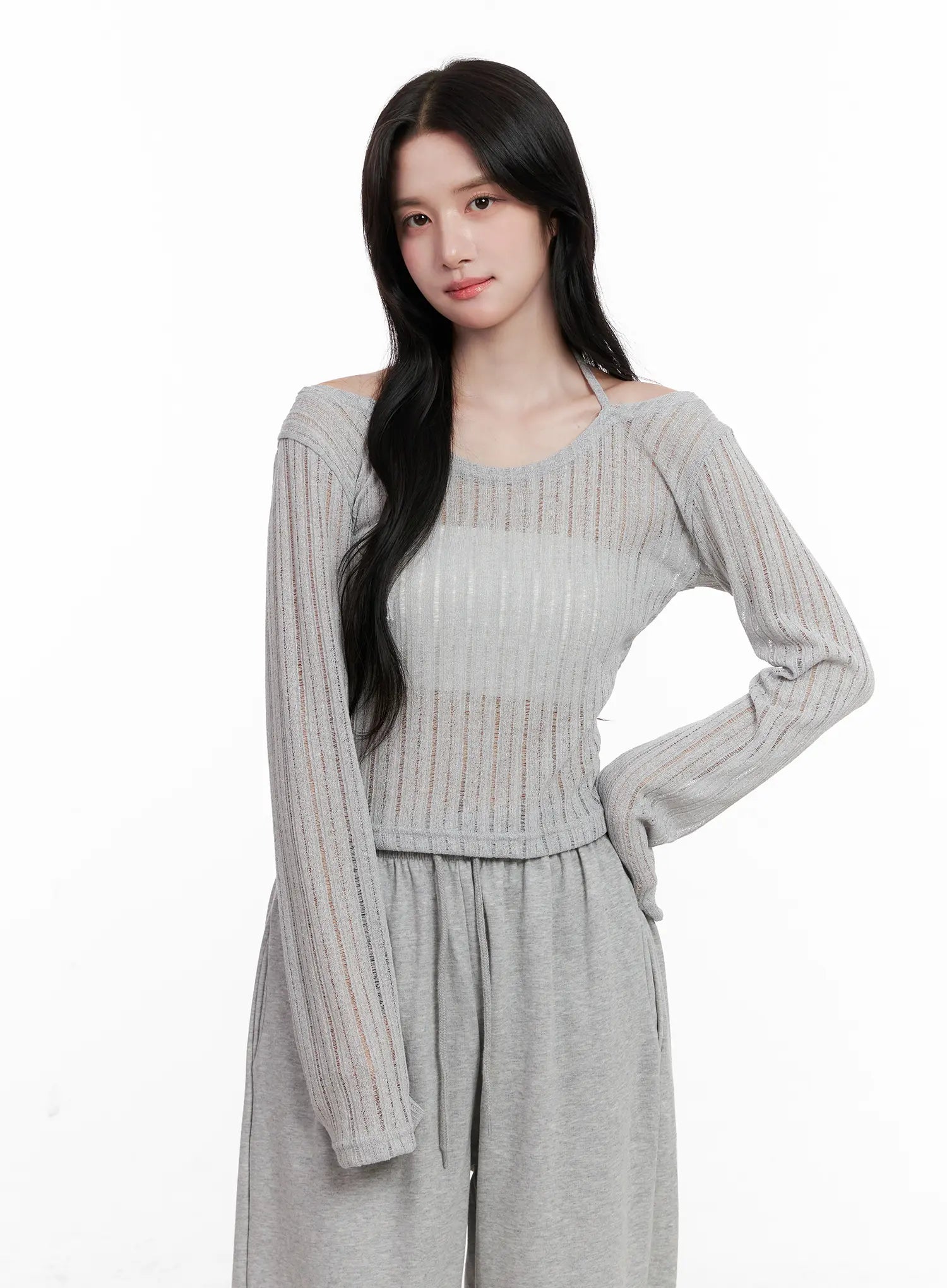 sheer-linen-long-sleeve-top-cl515 / Gray