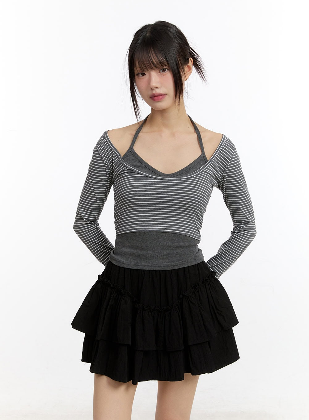 Stripe Long-Sleeve Crop Top with Tank Top CA508