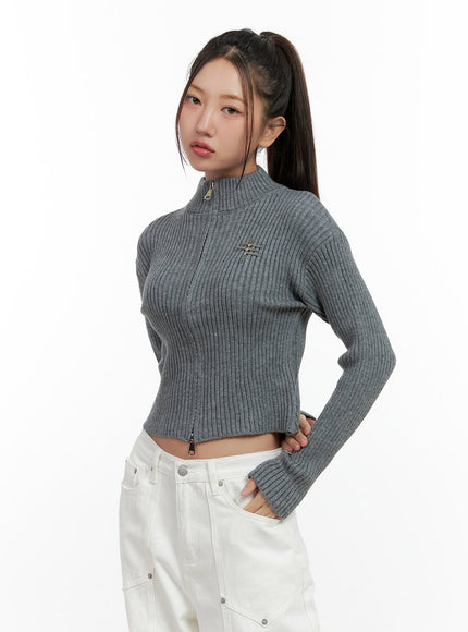 acrylic-knit-zip-up-crop-cardigan-cn412 / Gray