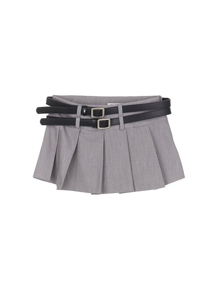 double-belt-pleated-mini-skirt-cu506 / Gray
