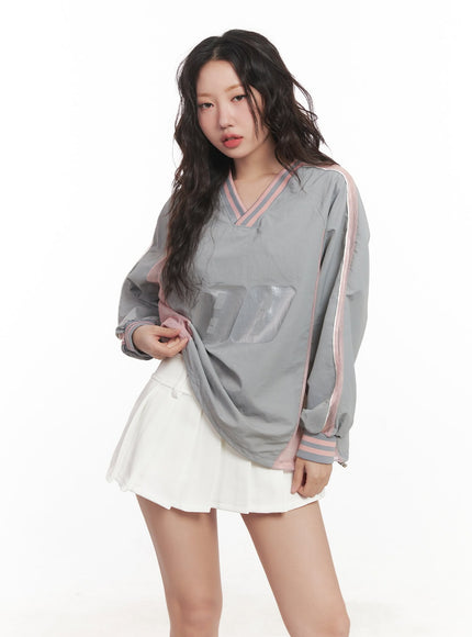 mesh-v-neck-oversized-sweatshirt-ca518 / Gray