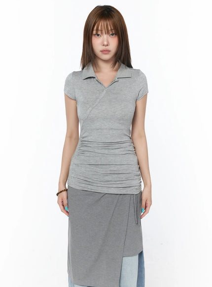 asymmetrical-snap-collar-shirred-tee-cy529 / Gray