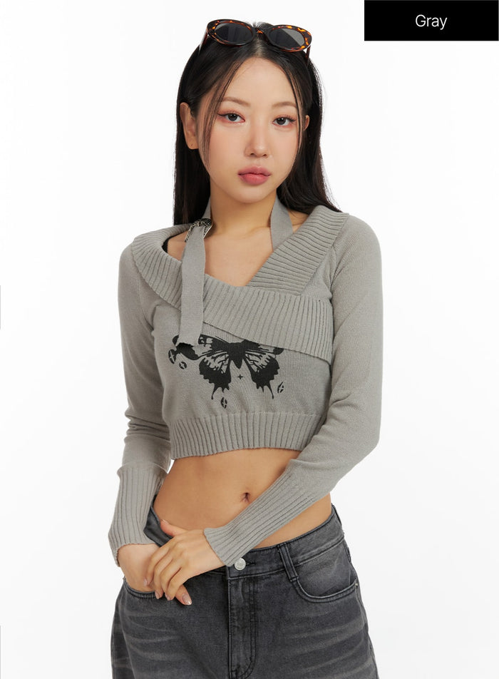 off-shoulder-buckle-halter-crop-sweater-cf415 / Gray