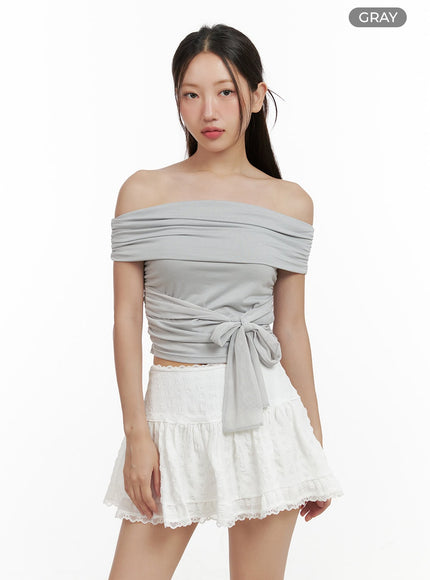 off-shoulder-tied-crop-top-cl431 / Gray