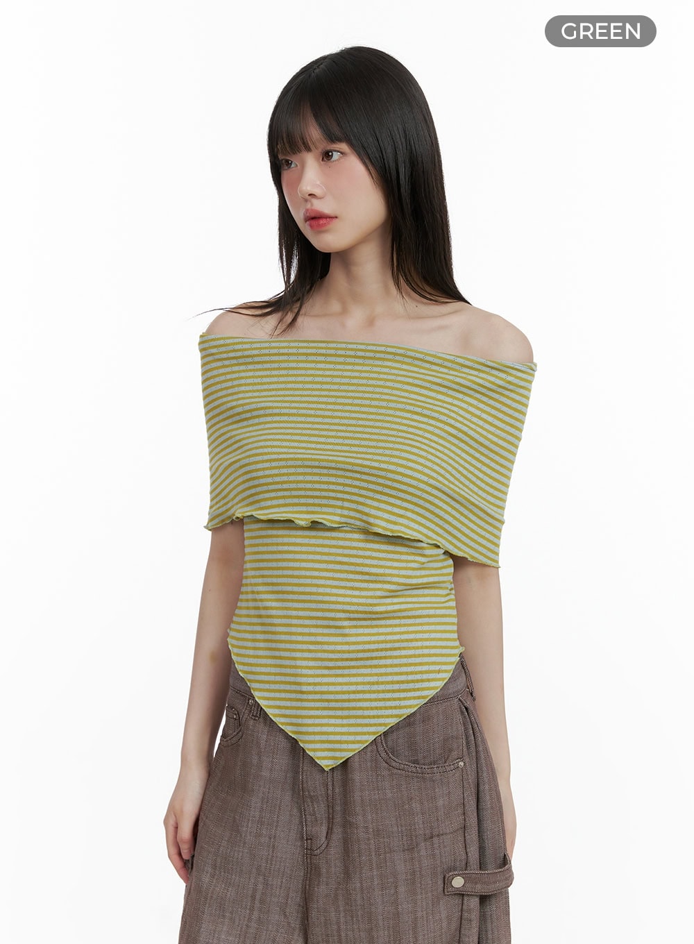 stripe-off-shoulder-tee-cy428 / Green