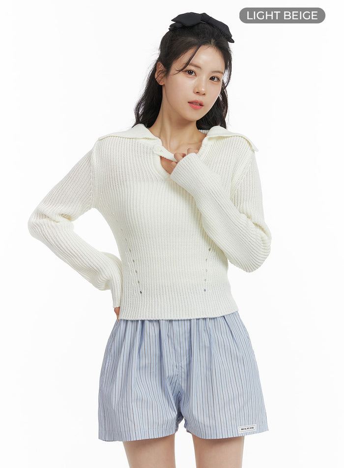 wool-blend-unbalanced-neck-knit-collar-sweater-om420 / Light beige