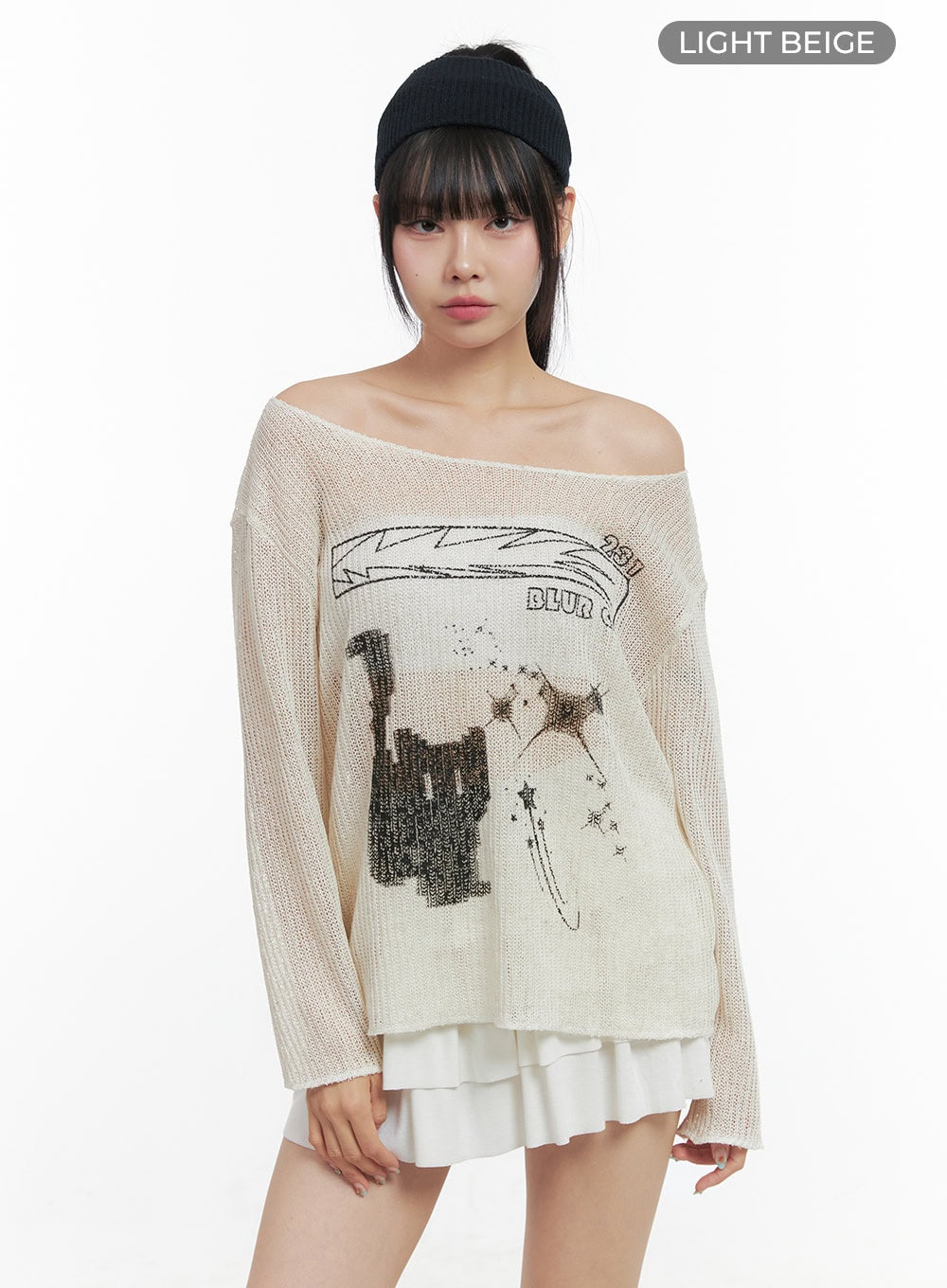 printed-off-shoulder-knit-top-os409 / Light beige