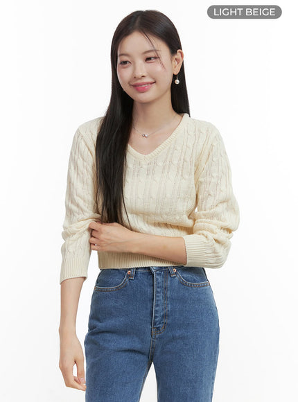 slim-v-neck-cable-knit-sweater-oo416 / Light beige