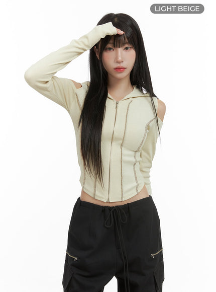 ribbed-hooded-slim-crop-zip-up-top-cg430 / Light beige