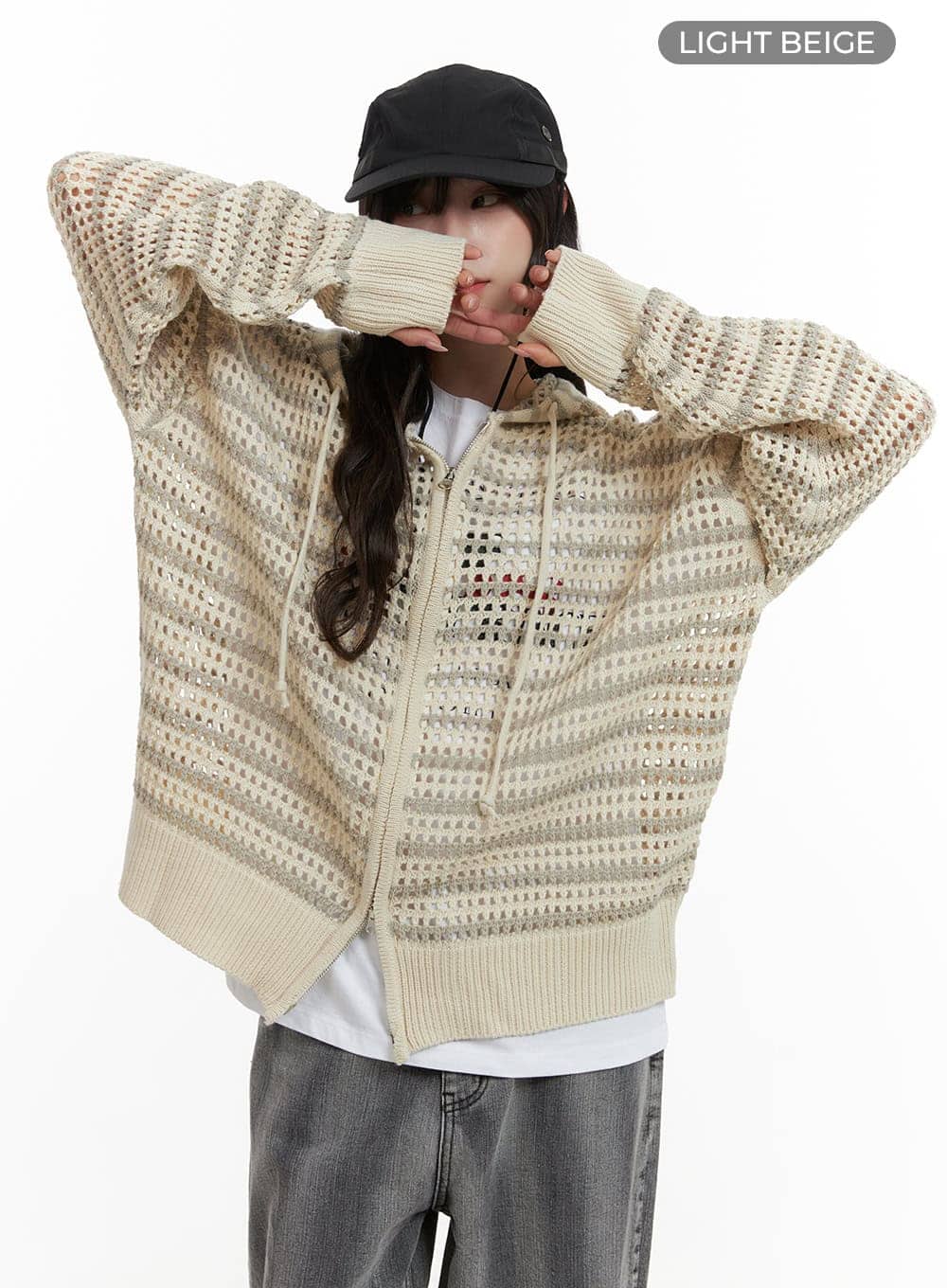 grunge-see-through-zip-up-hoodie-ca430 / Light beige